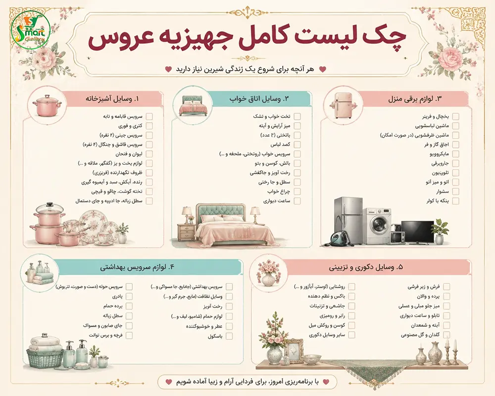 چک‌ لیست کامل جهیزیه عروس 1405 | لیست وسایل ضروری و غیرضروری